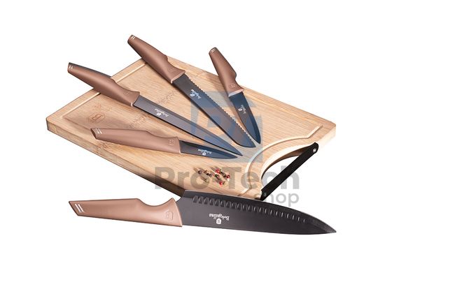 6dílná sada kuchyňských nožů s bambusovou deskou na krájení ROSE GOLD 19522