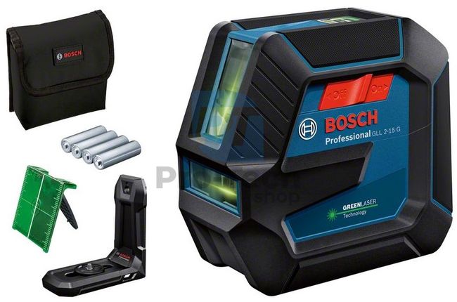Liniový laser Bosch GLL 2-15 G se 4 bateriemi (AA), cílovou tabulkou pro laser 15218